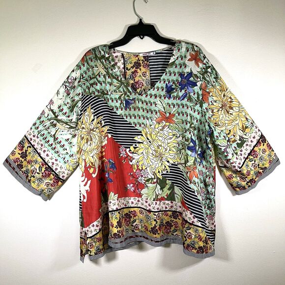 Johnny Was Sz XL Silk Patchwork Floral Boho Top Blouse Multicolor Kimono Sleeve - Picture 1 of 8